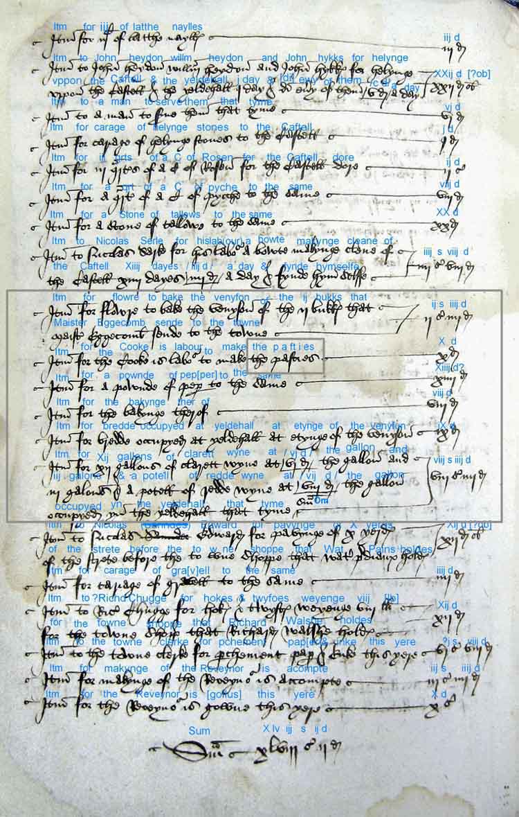 Plymouth Adit Book 1510, page mentioning pasties. The blue print is the digitally overlain transcription of the original Middle English