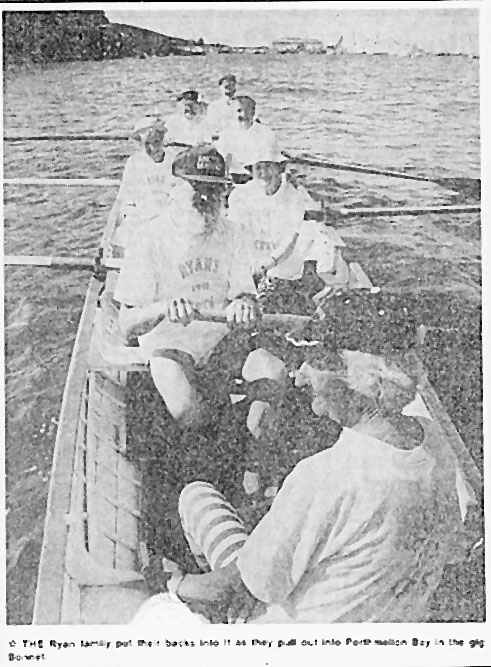 The Ryan family put their backs into it as they pull out into Porthmellon Bay in the gig Bonnet